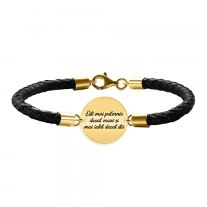 Bratara argint banut 16 mm si piele impletita - personalizata cu text - placat cu aur galben de 24 karate